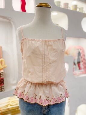Vintage 90s Light Pink Cotton Peplum Tank Spaghetti Straps & Floral Embroidery